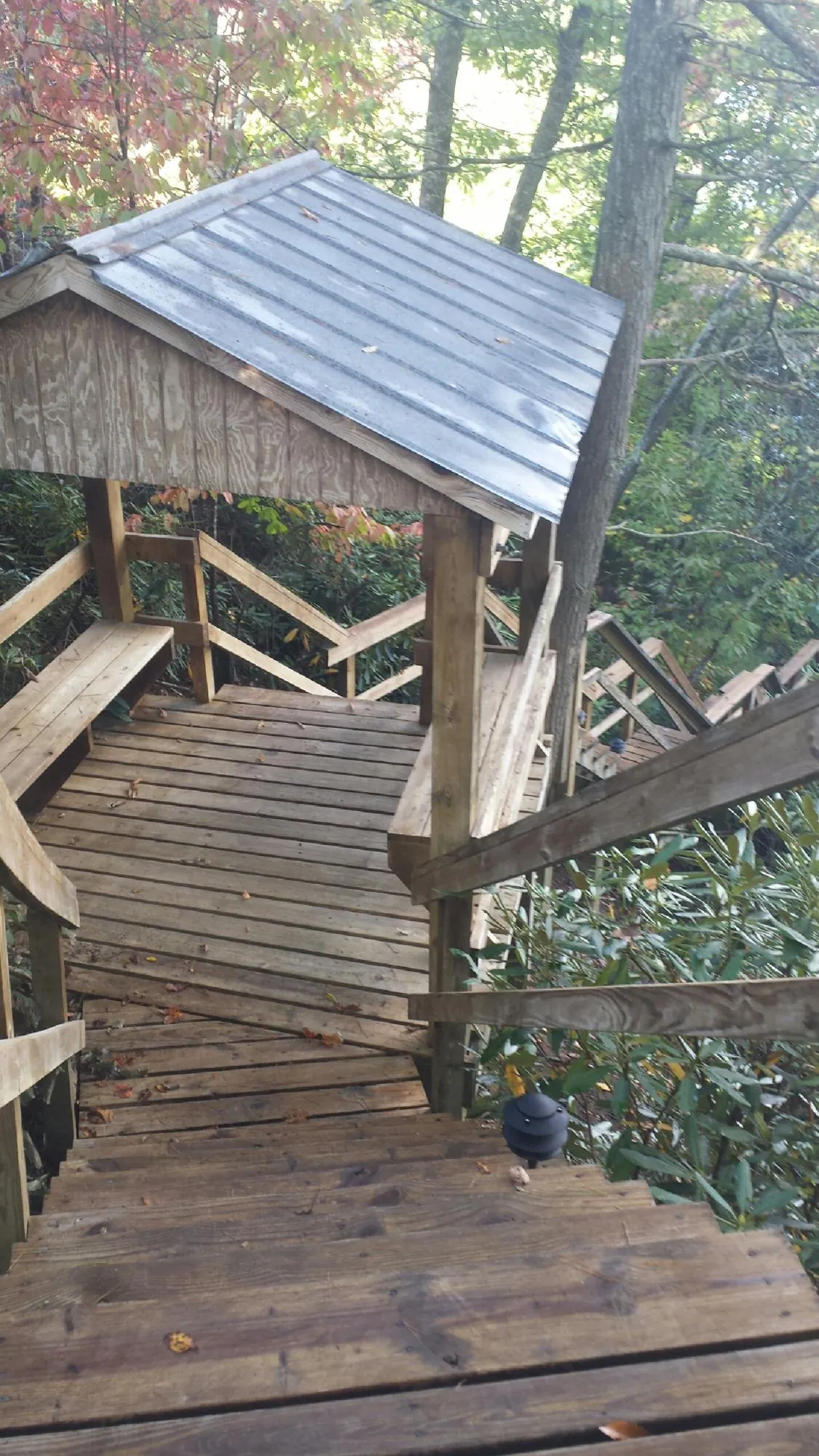 Metal roofed shelter over wooden steps on a wooded walkway — Skylight Repair & Installation work by our crew in Brewton